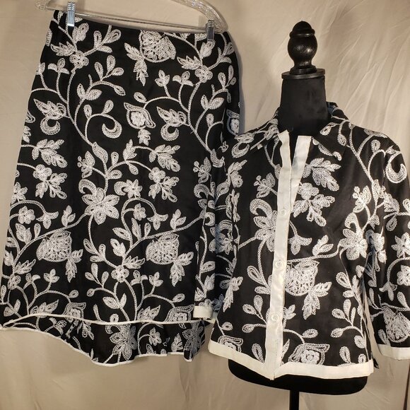 PRINCIPE Black and White Embroidered Skirt and Blazer Set - Size 12 - Picture 1 of 8